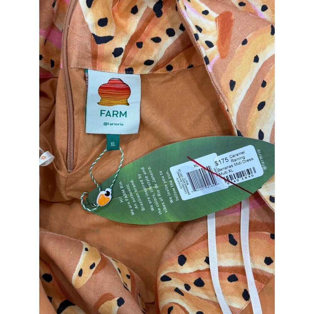 Farm Rio Caramel Raining Banana Midi Dress Linen Womens XL Orange Yellow NEW - Picture 4 of 8